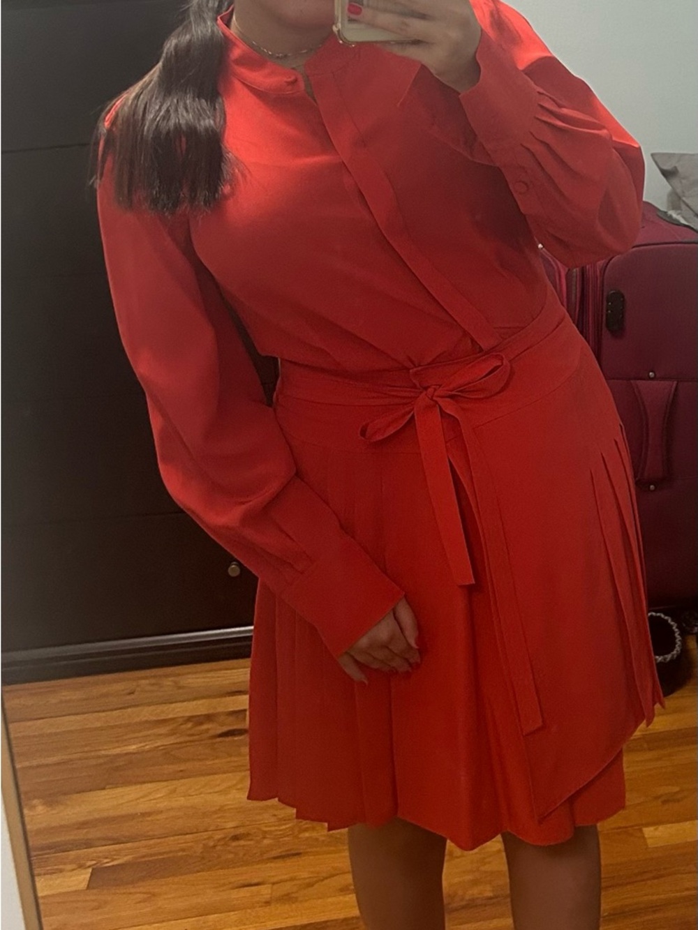 Jason Wu Red Long-Sleeve Tie-Waist Pleated Dress